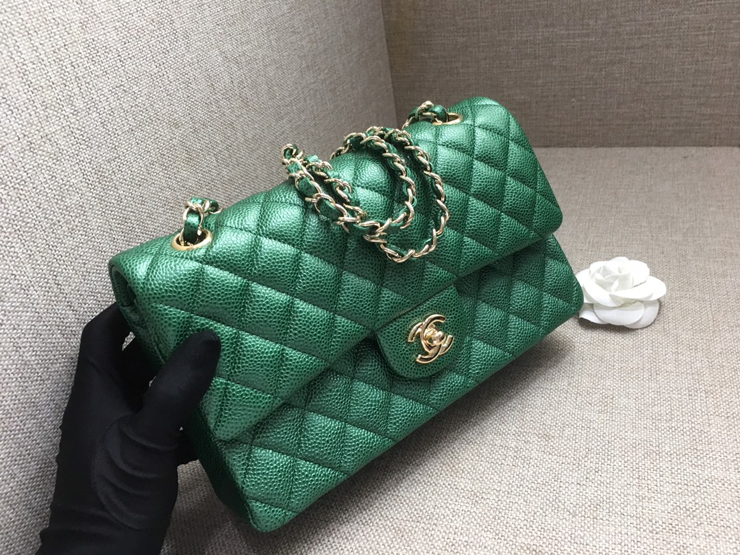 Medium Classic Flap Caviar Bag A01112 Green/Gold